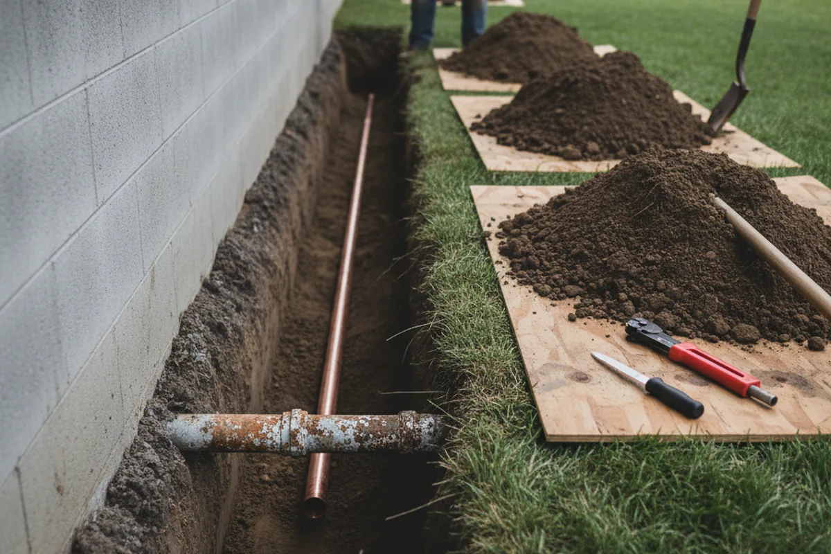 Excavated water line trench during Sewer Line Repair in Waynetown